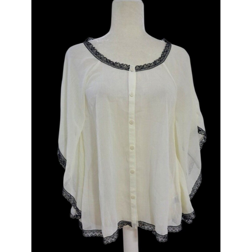 Allen B. Women's Sheer Batwing Lace Trim Button Blouse Top Sz Small